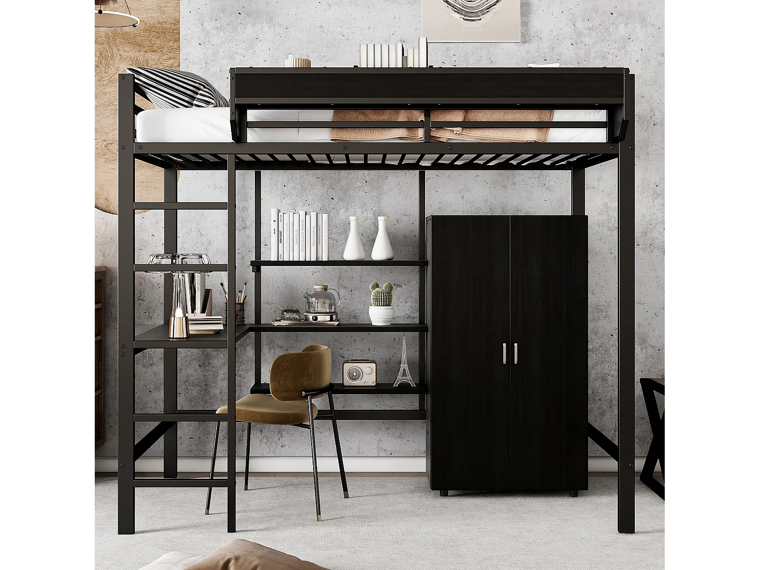 Hoogslaper 90 x 200 cm met bureau, kledingkast en opbergplanken - IJzer + spaanplaat - voor kinderen - Zwart