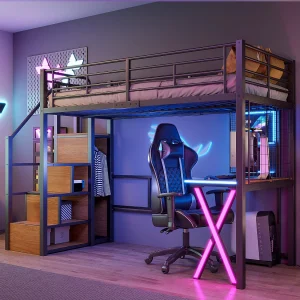 Hoogslaper 90 x 200 cm met bureau, kledingkast, planken – Sfeerverlichting – Metaal – Zwart (zonder matras) Hoogslaper 90 x 200 cm met bureau, kledingkast, planken – Sfeerverlichting – Metaal – Zwart (zonder matras)