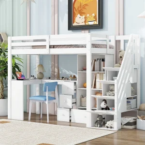 Hoogslaper 90 x 200 cm met bureau, lades en kast – Dennen + MDF – Wit (zonder matras) Hoogslaper 90 x 200 cm met bureau, lades en kast – Dennen + MDF – Wit (zonder matras)