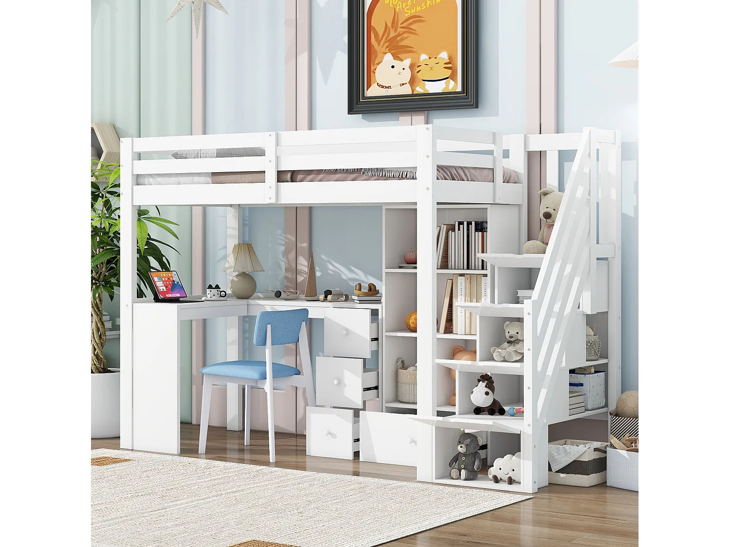 Hoogslaper 90 x 200 cm met bureau, lades en kast - Dennen + MDF - Wit (zonder matras)