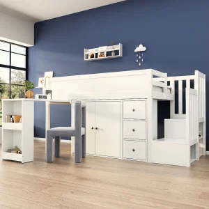 Hoogslaper 90 x 200 cm met uitschuifbaar bureau, kledingkast en 3 lades – MDF – Wit (zonder matras) Hoogslaper 90 x 200 cm met uitschuifbaar bureau, kledingkast en 3 lades – MDF – Wit (zonder matras)