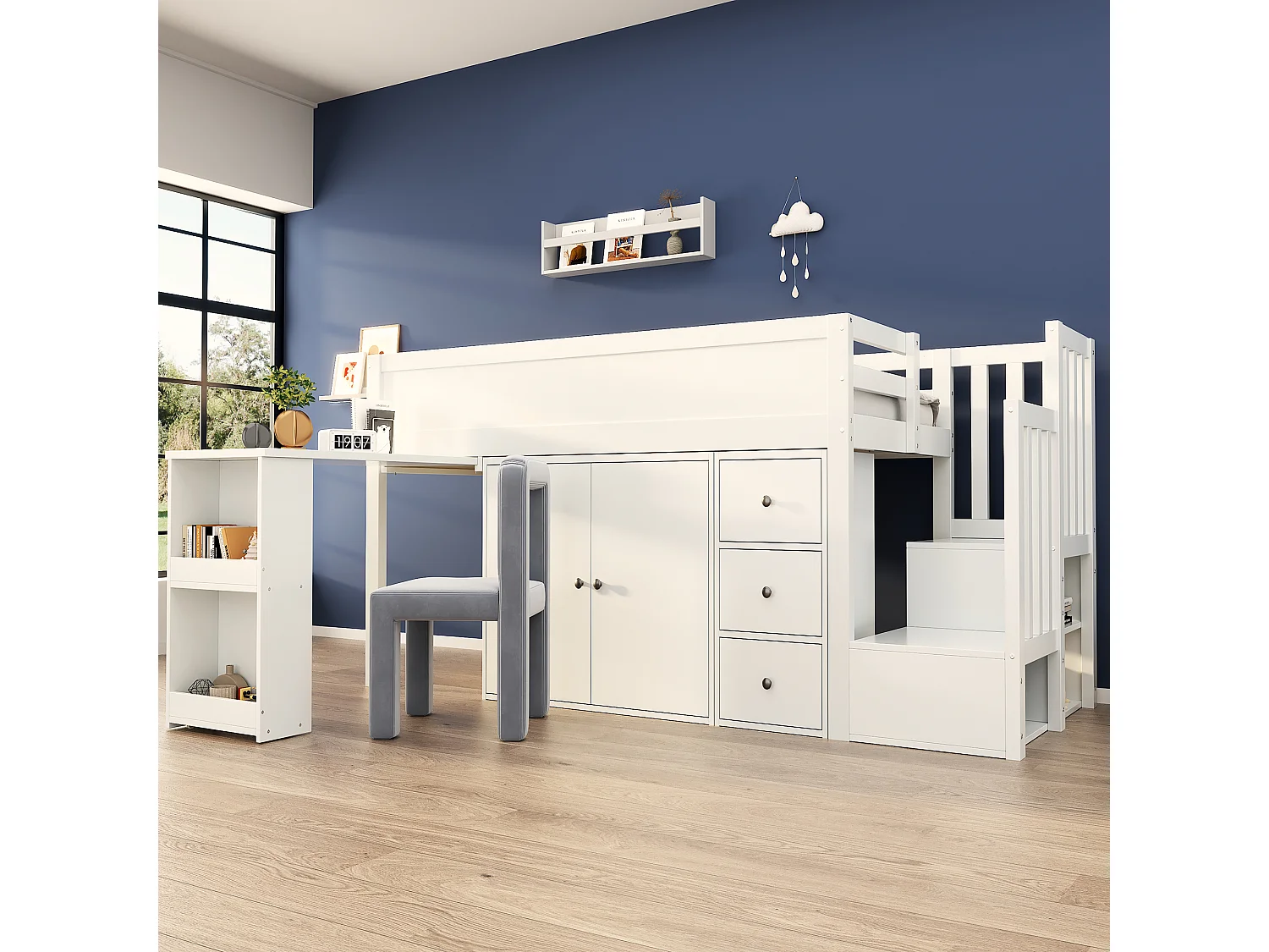 Hoogslaper 90 x 200 cm met uitschuifbaar bureau, kledingkast en 3 lades - MDF - Wit (zonder matras)