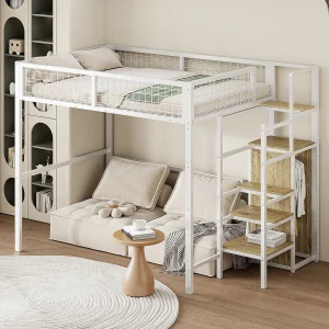 Hoogslaper 140 x 200 cm met kledingkast en ladder – Metaal en MDF – voor kinderen – Wit