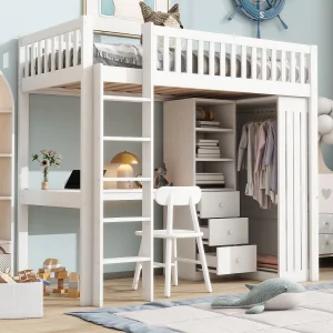 Hoogslaper 90 x 200 cm met bureau, kledingkast en 3 lades – Grenen + MDF – Wit (zonder matras) Hoogslaper 90 x 200 cm met bureau, kledingkast en 3 lades – Grenen + MDF – Wit (zonder matras)
