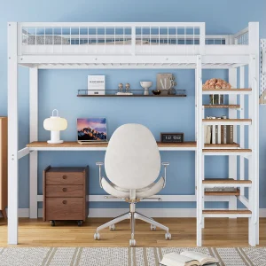 Hoogslaper 90 x 200 cm met bureau en planken – Metaal + MDF – Wit + naturel (zonder matras) Hoogslaper 90 x 200 cm met bureau en planken – Metaal + MDF – Wit + naturel (zonder matras)