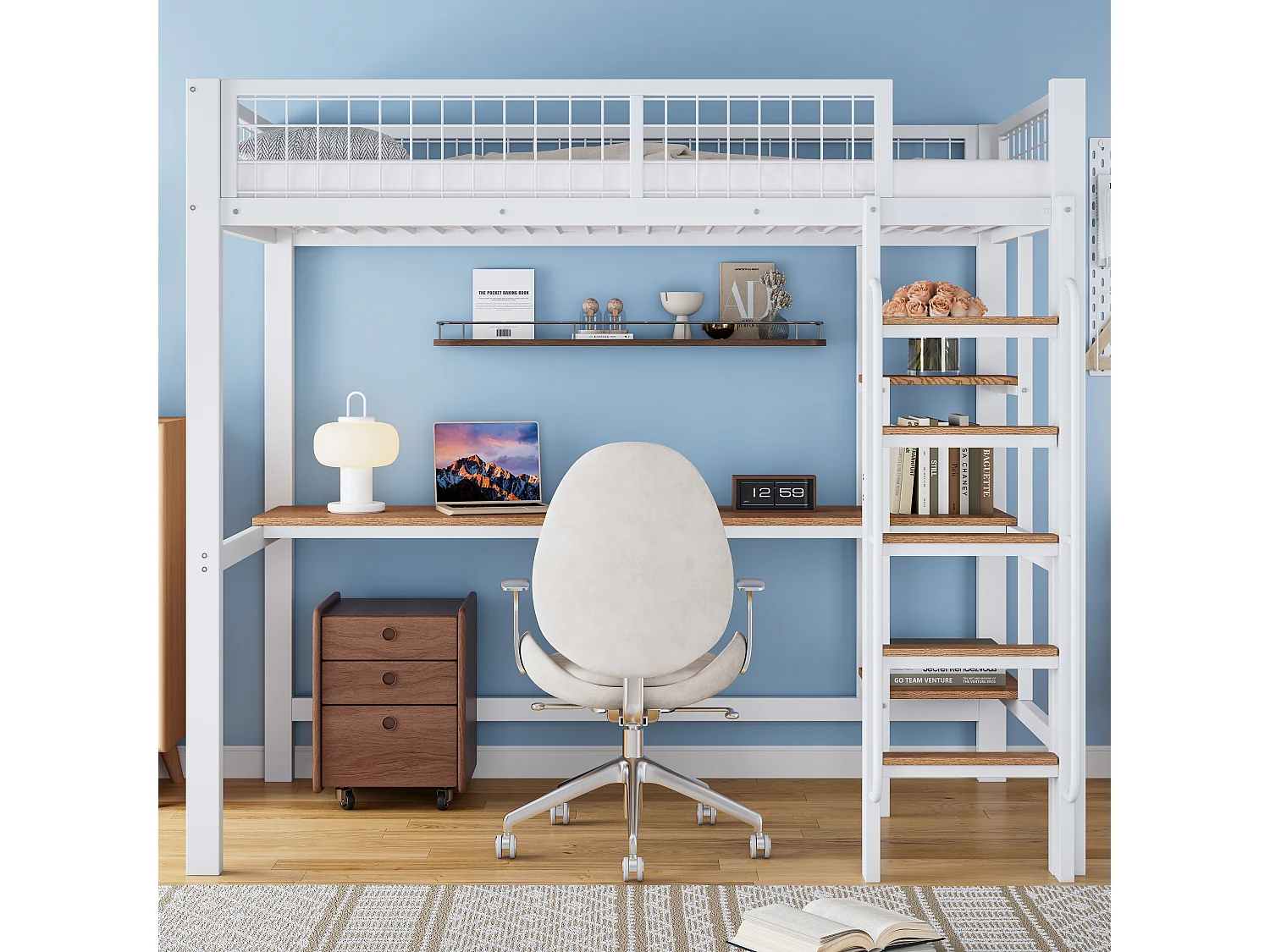 Hoogslaper 90 x 200 cm met bureau en planken - Metaal + MDF - Wit + naturel (zonder matras)