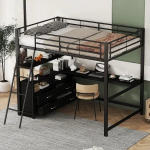 Hoogslaper 140 x 200 cm met L-vormig hoekbureau en 4 lades – Metaal – Zwart (zonder matras)