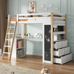 Hoogslaper 90 x 200 cm met hoekbureau, 6 lades en legplank – Massief hout + MDF – Wit + naturel (zonder matras)