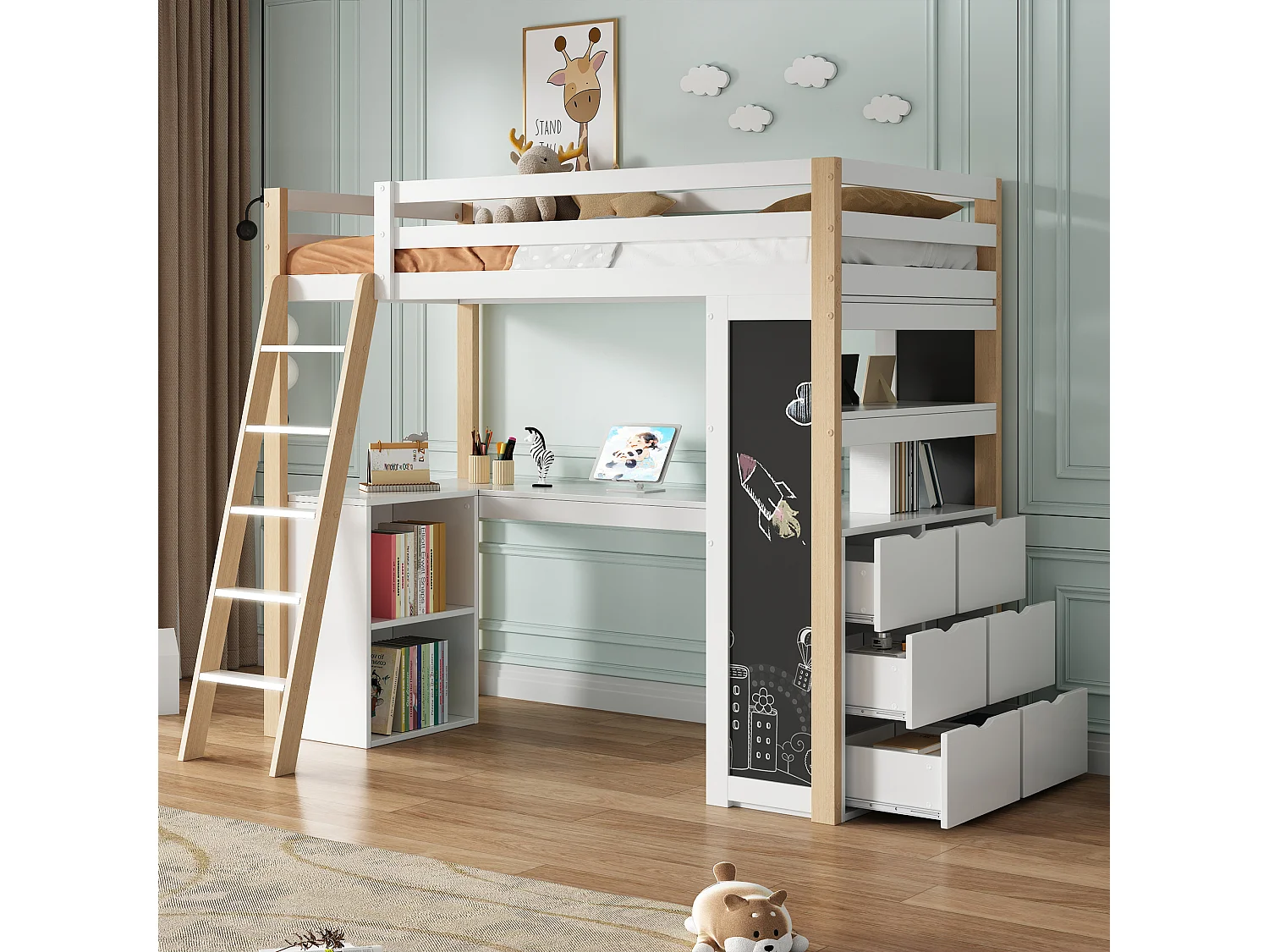 Hoogslaper 90 x 200 cm met hoekbureau, 6 lades en legplank - Massief hout + MDF - Wit + naturel (zonder matras)