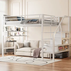 Hoogslaper 140 x 200 cm met opbergplanken en ladder – Metaal – Wit (zonder matras)