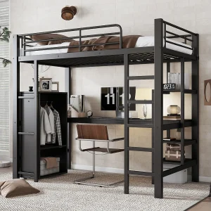 Hoogslaper 90 x 200 cm met bureau, kledingkast en planken – Metaal + spaanplaat – Zwart (zonder matras) Hoogslaper 90 x 200 cm met bureau, kledingkast en planken – Metaal + spaanplaat – Zwart (zonder matras)
