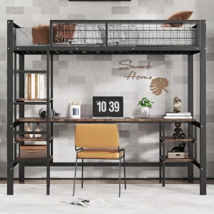 Hoogslaper 90 x 200 cm met bureau en opbergplanken – IJzer + spaanplaat – voor kinderen – Zwart en bruin