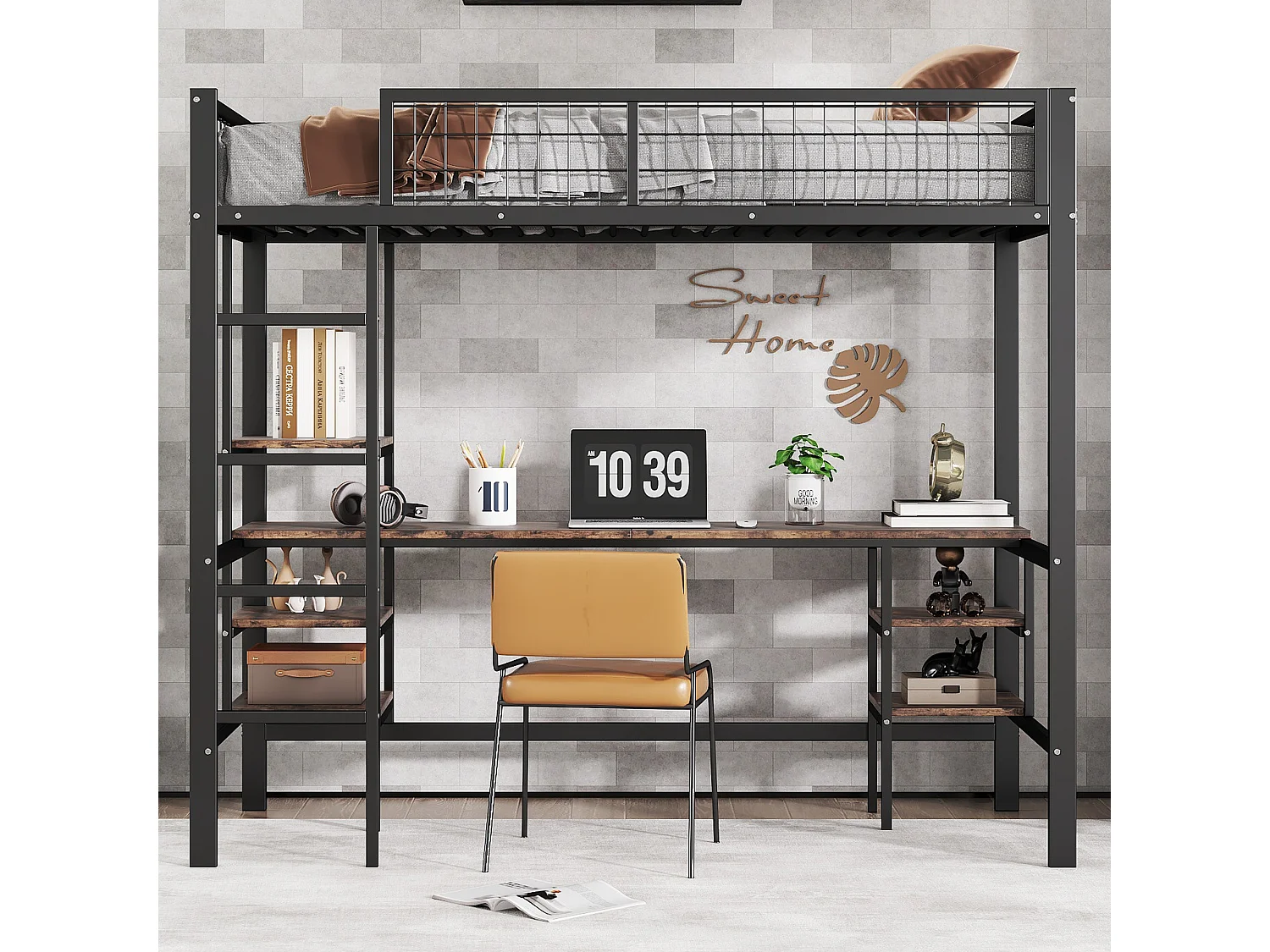 Hoogslaper 90 x 200 cm met bureau en opbergplanken - IJzer + spaanplaat - voor kinderen - Zwart en bruin