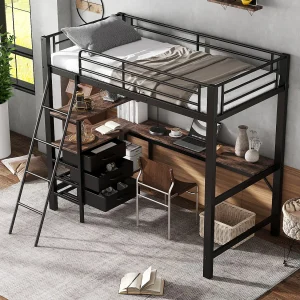 Hoogslaper 90 x 200 cm met hoekbureau, 3 lades en legplanken – Metaal + spaanplaat – Zwart en walnoot (zonder matras) Hoogslaper 90 x 200 cm met hoekbureau, 3 lades en legplanken – Metaal + spaanplaat – Zwart en walnoot (zonder matras)