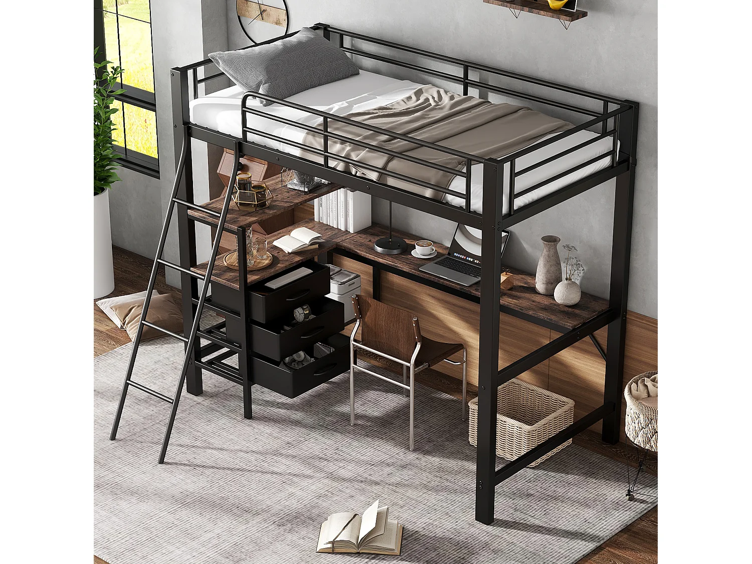 Hoogslaper 90 x 200 cm met hoekbureau, 3 lades en legplanken - Metaal + spaanplaat - Zwart en walnoot (zonder matras)