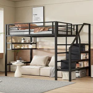 Hoogslaper 140 x 200 cm met opbergplanken en ladder – Metaal – Zwart (zonder matras)