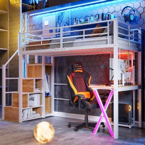 Hoogslaper 90 x 200 cm met bureau, kledingkast, planken – Sfeerverlichting – Metaal – Wit (zonder matras) Hoogslaper 90 x 200 cm met bureau, kledingkast, planken – Sfeerverlichting – Metaal – Wit (zonder matras)
