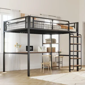 Hoogslaper 140 x 200 cm met bureau en opbergplanken – Metaal en MDF – voor kinderen – Zwart