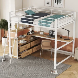 Hoogslaper 140 x 200 cm met L-vormig hoekbureau en 4 lades – Metaal – Wit (zonder matras)