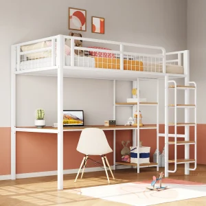 Hoogslaper 90 x 200 cm met bureau en opbergplanken – Metaal en MDF – voor kinderen – Wit