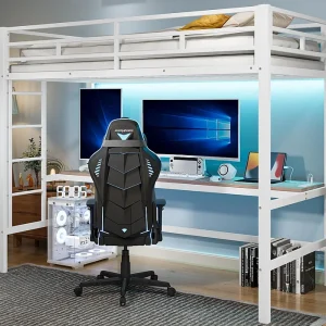 Hoogslaper 90×200 cm – met spijlen – met ladder – tafel met USB en stopcontacten – bekabelde lichtstrip – metaal – wit (matras niet inbegrepen)