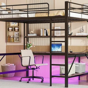 Hoogslaper 140×200 cm – met spijlen – met ladder – met USB en stopcontacten – met LED-verlichting – met bureau + meerlaagse planken – zwart (zonder matras) Hoogslaper 140×200 cm – met spijlen – met ladder – met USB en stopcontacten – met LED-verlichting – met bureau + meerlaagse planken – zwart (zonder matras)