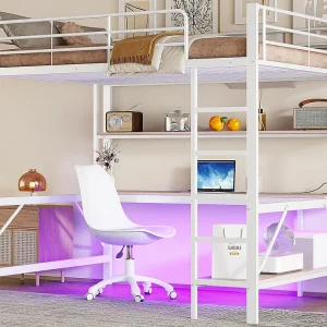 Hoogslaper 140×200 cm – met spijlen – met ladder – met USB en stopcontacten – met LED-verlichting – met bureau + meerlaagse planken – wit (zonder matras) Hoogslaper 140×200 cm – met spijlen – met ladder – met USB en stopcontacten – met LED-verlichting – met bureau + meerlaagse planken – wit (zonder matras)