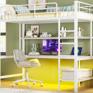 Hoogslaper 90×200 cm – met spijlen – met ladder – met USB en stopcontacten – met LED-verlichting – met bureau + meerlaagse planken – wit (zonder matras) Hoogslaper 90×200 cm – met spijlen – met ladder – met USB en stopcontacten – met LED-verlichting – met bureau + meerlaagse planken – wit (zonder matras)
