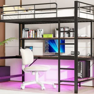 Hoogslaper 90×200 cm – met spijlen – met ladder – met USB en stopcontacten – met LED-verlichting – met bureau + meerlaagse planken – zwart (zonder matras)