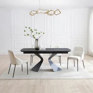 Eettafel van gehard glas, keramiek en metaal – Zwart marmereffect – KAJARI