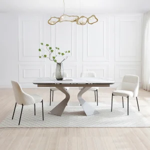 Eettafel van gehard glas, keramiek en taupegrijs metaal – Wit marmereffect – KAJARI