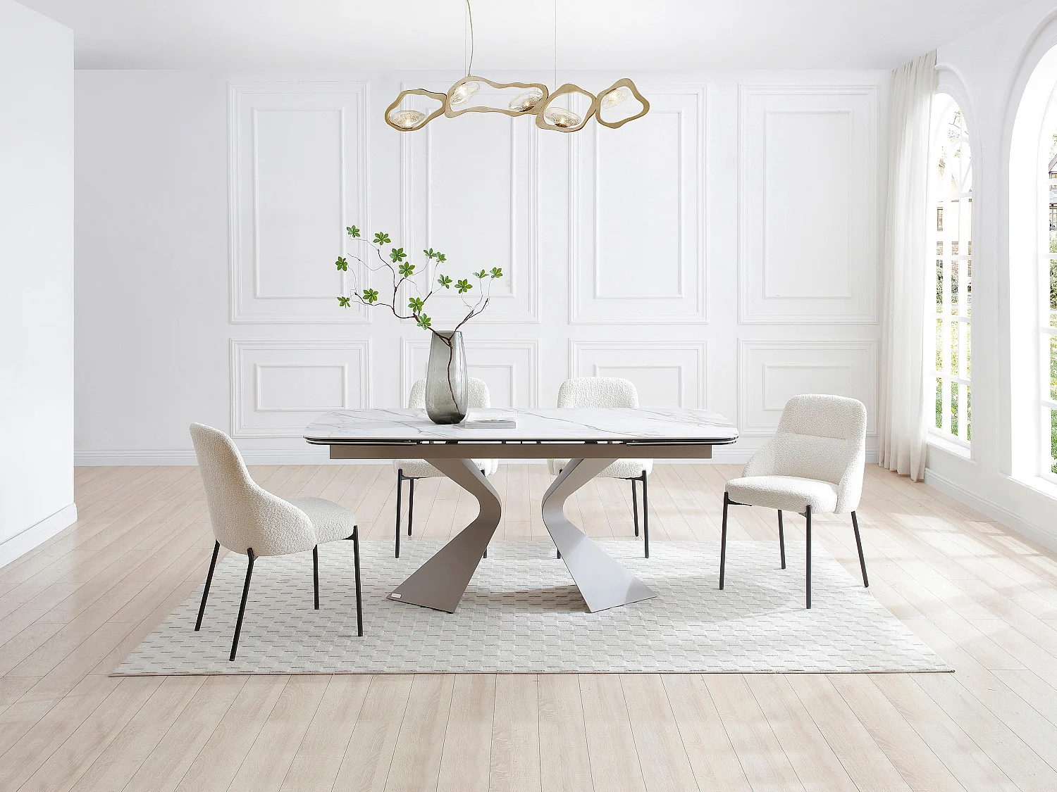 Eettafel van gehard glas, keramiek en taupegrijs metaal - Wit marmereffect - KAJARI