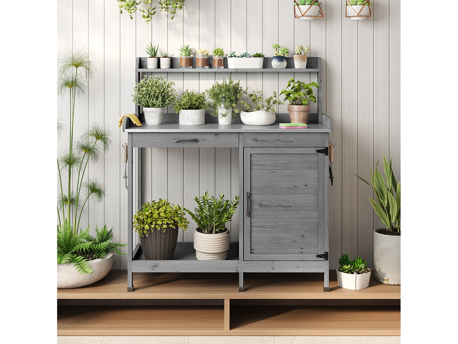 Kast van Jardin en Tafel van Jardinage 111,6 x 46,5 x 125 cm – Couleur Gris