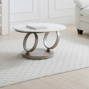 Salontafel van keramiek, gehard glas en taupegrijs metaal – Wit marmereffect – JOLINE Salontafel van keramiek, gehard glas en taupegrijs metaal – Wit marmereffect – JOLINE