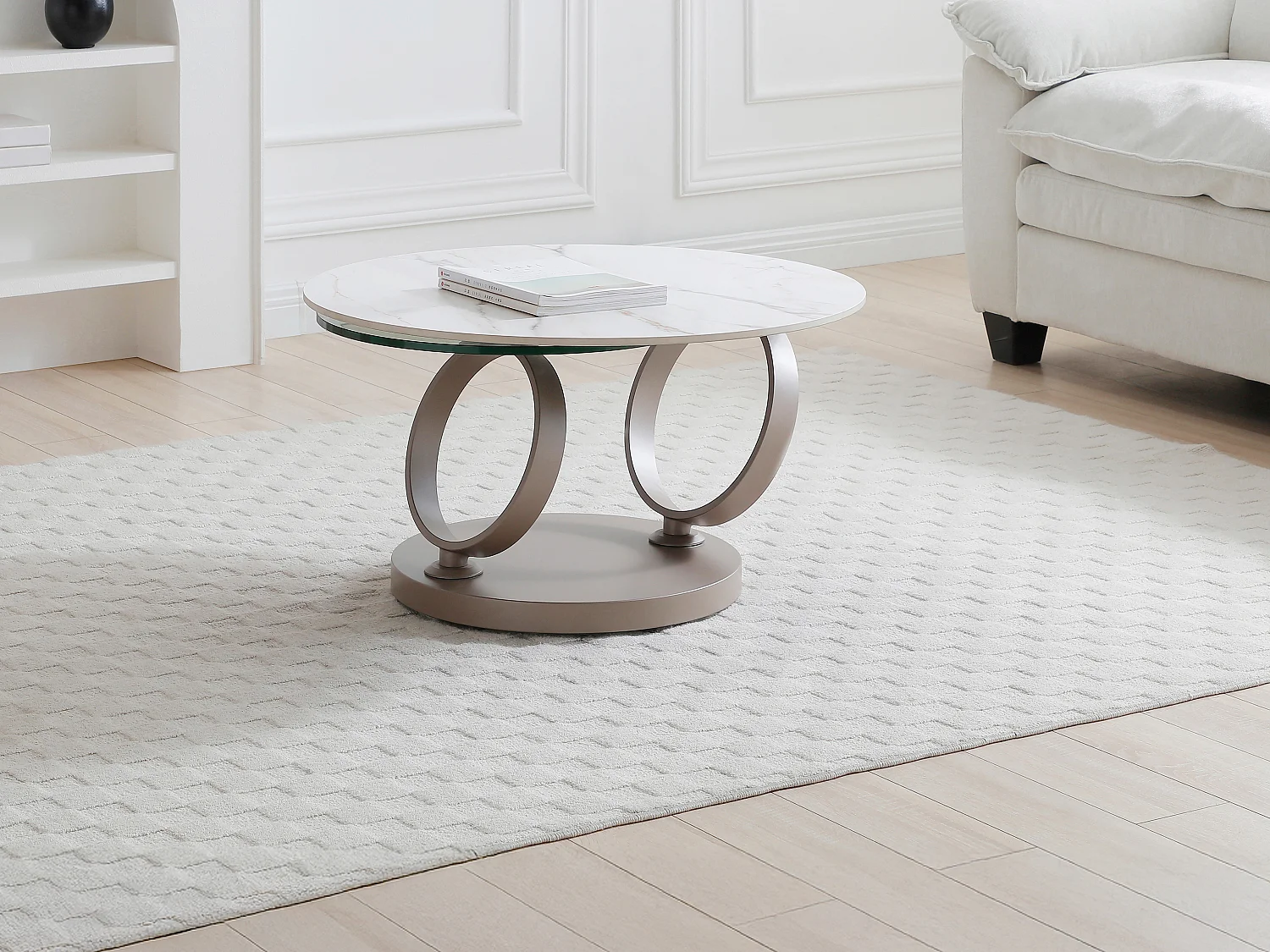 Salontafel van keramiek, gehard glas en taupegrijs metaal - Wit marmereffect - JOLINE