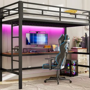 Hoogslaper 90×200 cm – met spijlen – met ladder – tafel met USB en stopcontacten – bekabelde lichtstrip – metaal – zwart (matras niet inbegrepen)