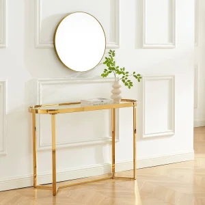 Consoletafel van gehard glas en verchroomd roestvrij staal – Transparant en goudkleurig – JOLINY