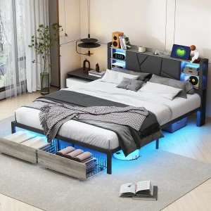 IJzerenhouten bed 160*200cm met oplaadpunt, nachtlampje, dubbele lades aan het voeteneind, PU, zwart