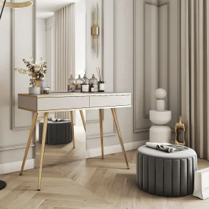 Kaptafel 102x80x50 cm, Beige, 2 Lades, Gladde Voorkant, Krasbestendig Paneel, Metalen Poten Goud, Push-to-Open Kaptafel 102x80x50 cm, Beige, 2 Lades, Gladde Voorkant, Krasbestendig Paneel, Metalen Poten Goud, Push-to-Open