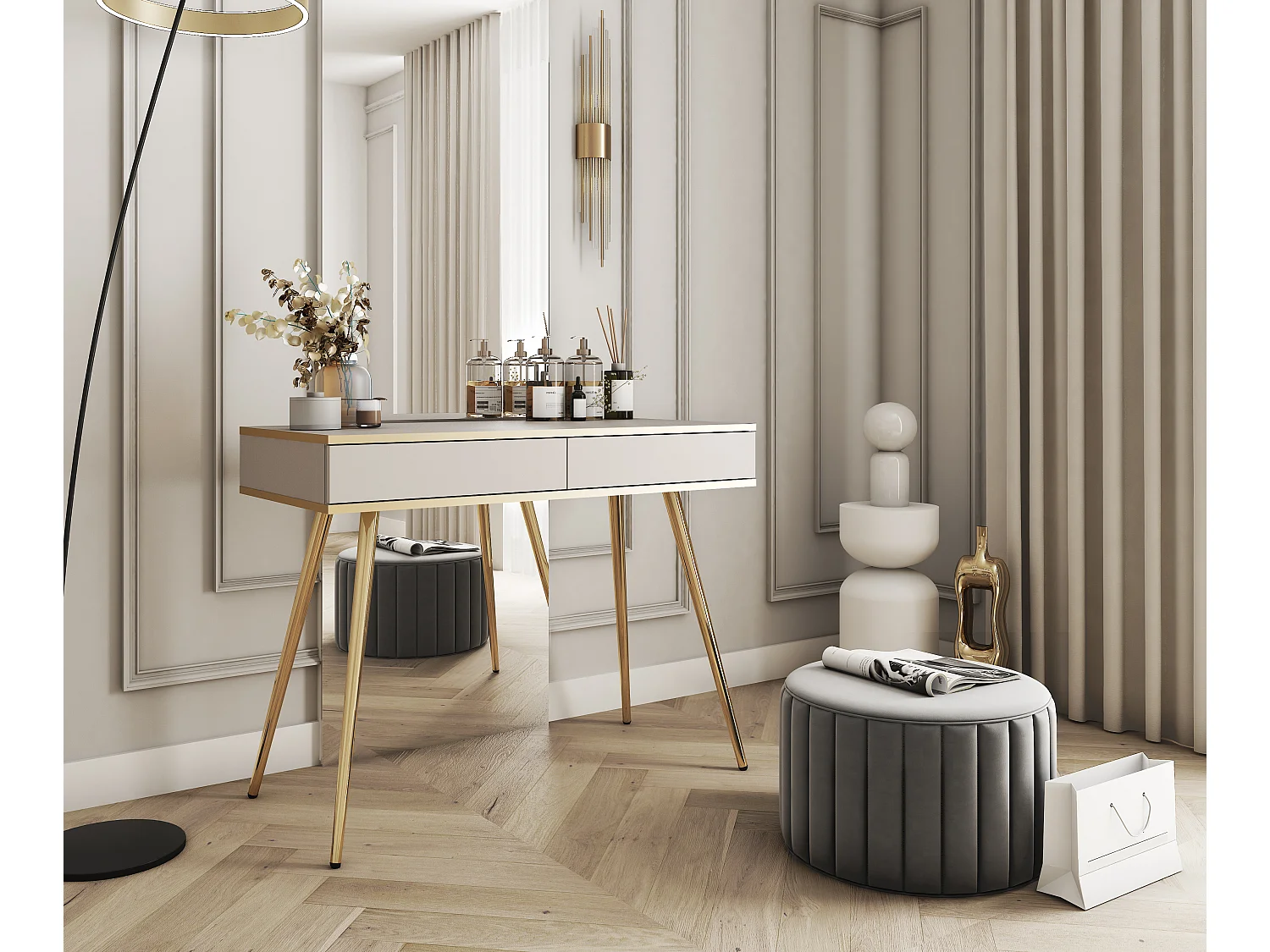 Kaptafel 102x80x50 cm, Beige, 2 Lades, Gladde Voorkant, Krasbestendig Paneel, Metalen Poten Goud, Push-to-Open