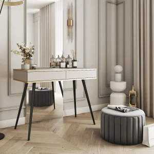 Kaptafel 102x80x50 cm, Beige, 2 Lades, Gladde Voorkant, Krasbestendig Paneel, Metalen Poten Zwart, Push-to-Open Kaptafel 102x80x50 cm, Beige, 2 Lades, Gladde Voorkant, Krasbestendig Paneel, Metalen Poten Zwart, Push-to-Open