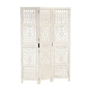 Kamerscherm met 3 panelen handgesneden 120×165 cm mangohout wit Kamerscherm met 3 panelen handgesneden 120×165 cm mangohout wit