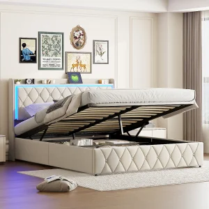 Hydraulisch opbergbed 160*200 cm, LED-verlichting, oplaadfunctie, fluweel, beige