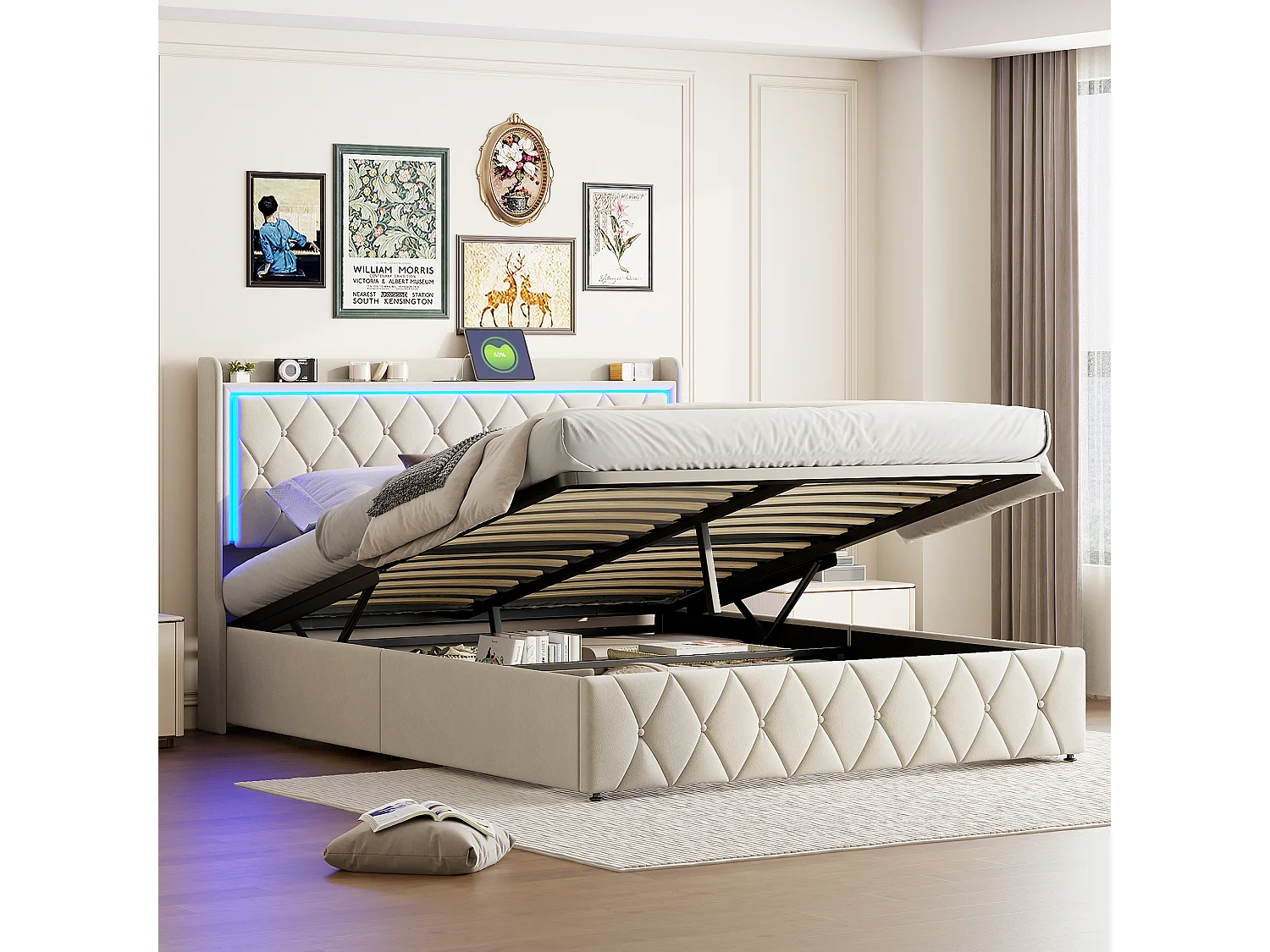 Hydraulisch opbergbed 160*200 cm, LED-verlichting, oplaadfunctie, fluweel, beige