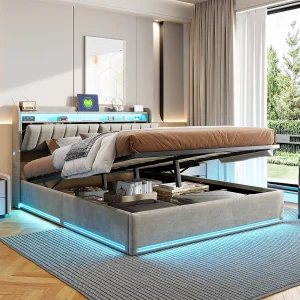 Hydraulisch opbergbed 160*200, hoofdeinde met oplader + opbergfunctie, met lichtstrip, fluweel, grijs