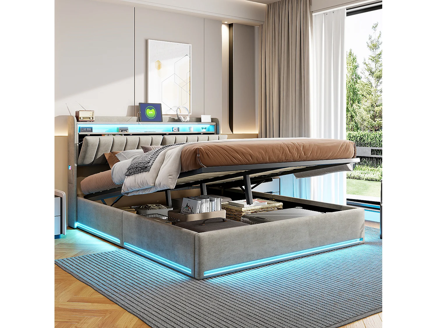 Hydraulisch opbergbed 160*200, hoofdeinde met oplader + opbergfunctie, met lichtstrip, fluweel, grijs
