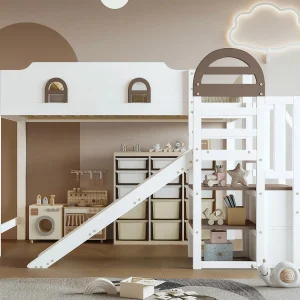 Hoogslaper 90×200 cm – met raam – met glijbaan – trap met leuning – massief hout + MDF – wit + bruin Hoogslaper 90×200 cm – met raam – met glijbaan – trap met leuning – massief hout + MDF – wit + bruin