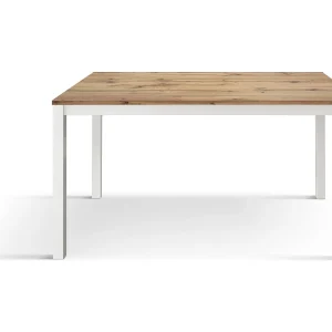 Houten tafel, eiken afwerking, frame wit metaal 110×68 – RAVENNA Houten tafel, eiken afwerking, frame wit metaal 110×68 – RAVENNA