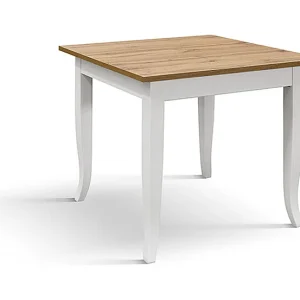 Houten tafel met eiken afwerking en wit houten onderstel 80×80 – RIMINI Houten tafel met eiken afwerking en wit houten onderstel 80×80 – RIMINI