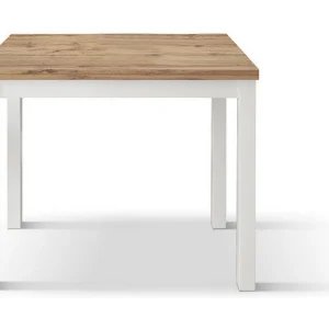 Houten tafel met eiken-effect en witte poten, 90×90-180x90cm – POSITANO Houten tafel met eiken-effect en witte poten, 90×90-180x90cm – POSITANO